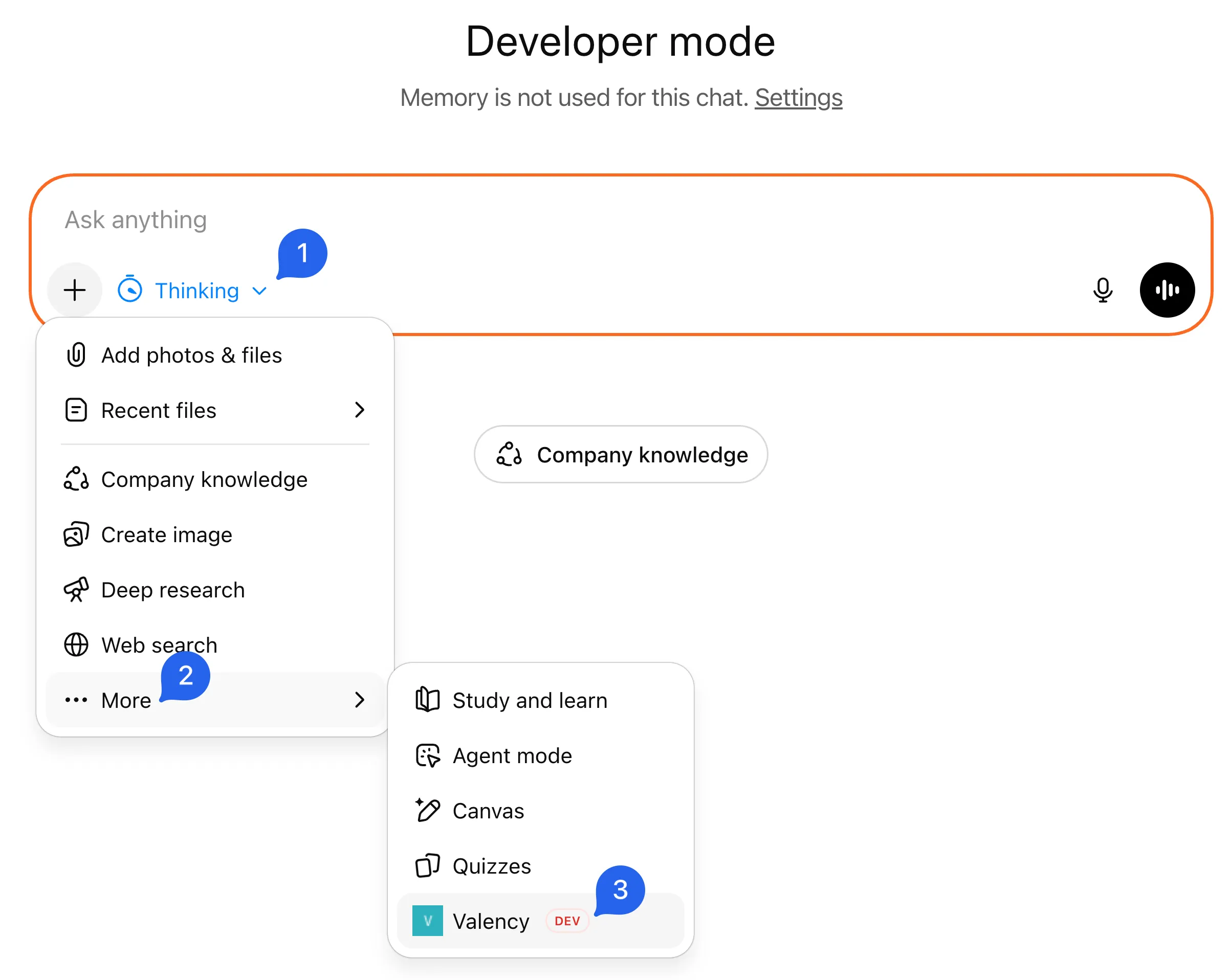 ChatGPT tools menu showing how to enable Valency