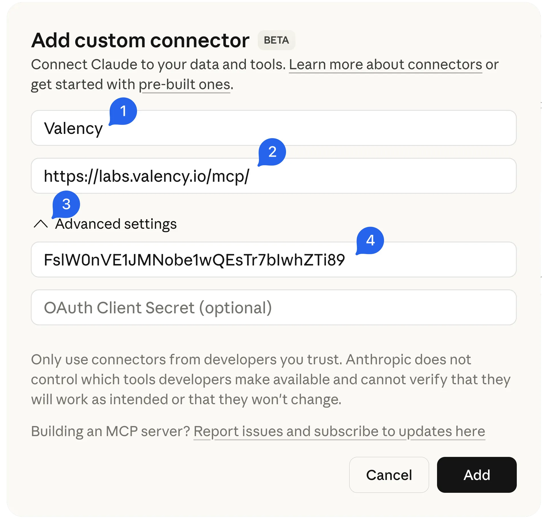 Claude Add custom connector dialog with name, URL, and OAuth client ID fields