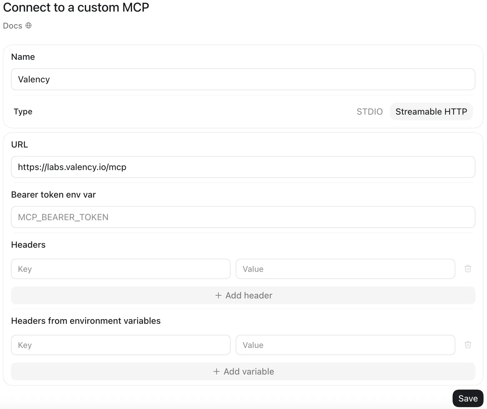 The ChatGPT desktop app's Connect to a custom MCP form with the name Valency, type Streamable HTTP, and the Valency MCP URL filled in